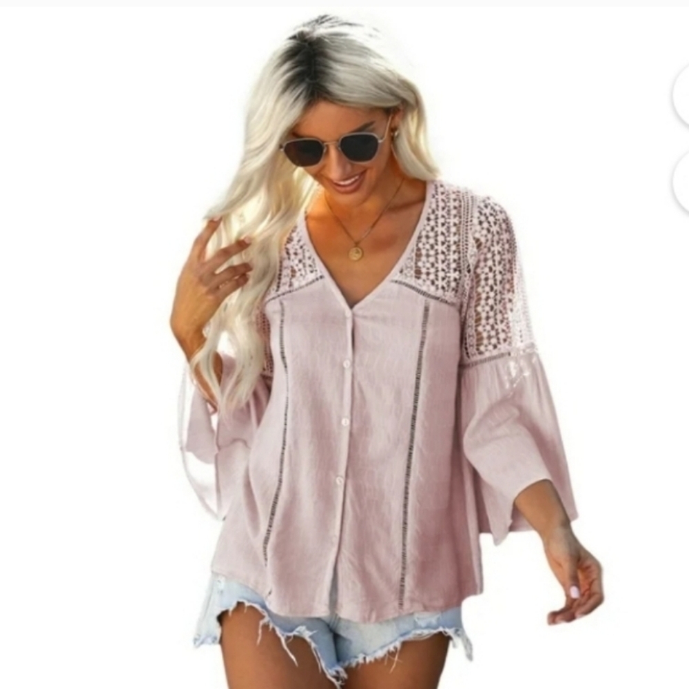 💖#04 No brand Lace/crochet Detail Pink Blouse Sm P2p 18 L25